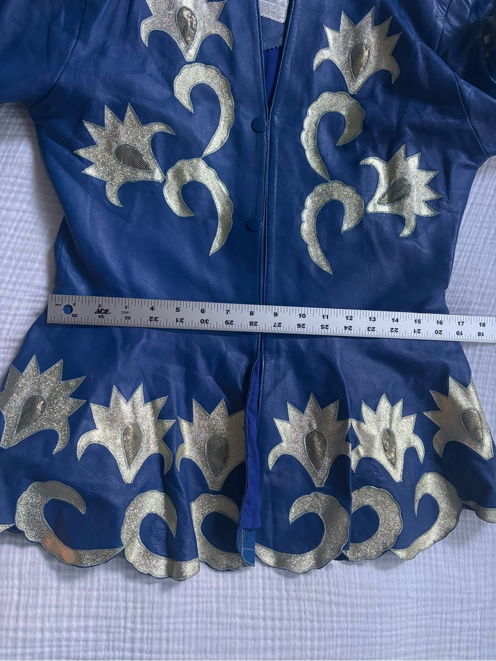 Vintage Blue Leather Skirt and Jacket Set with Gold Appliqué - Picture 9 of 16